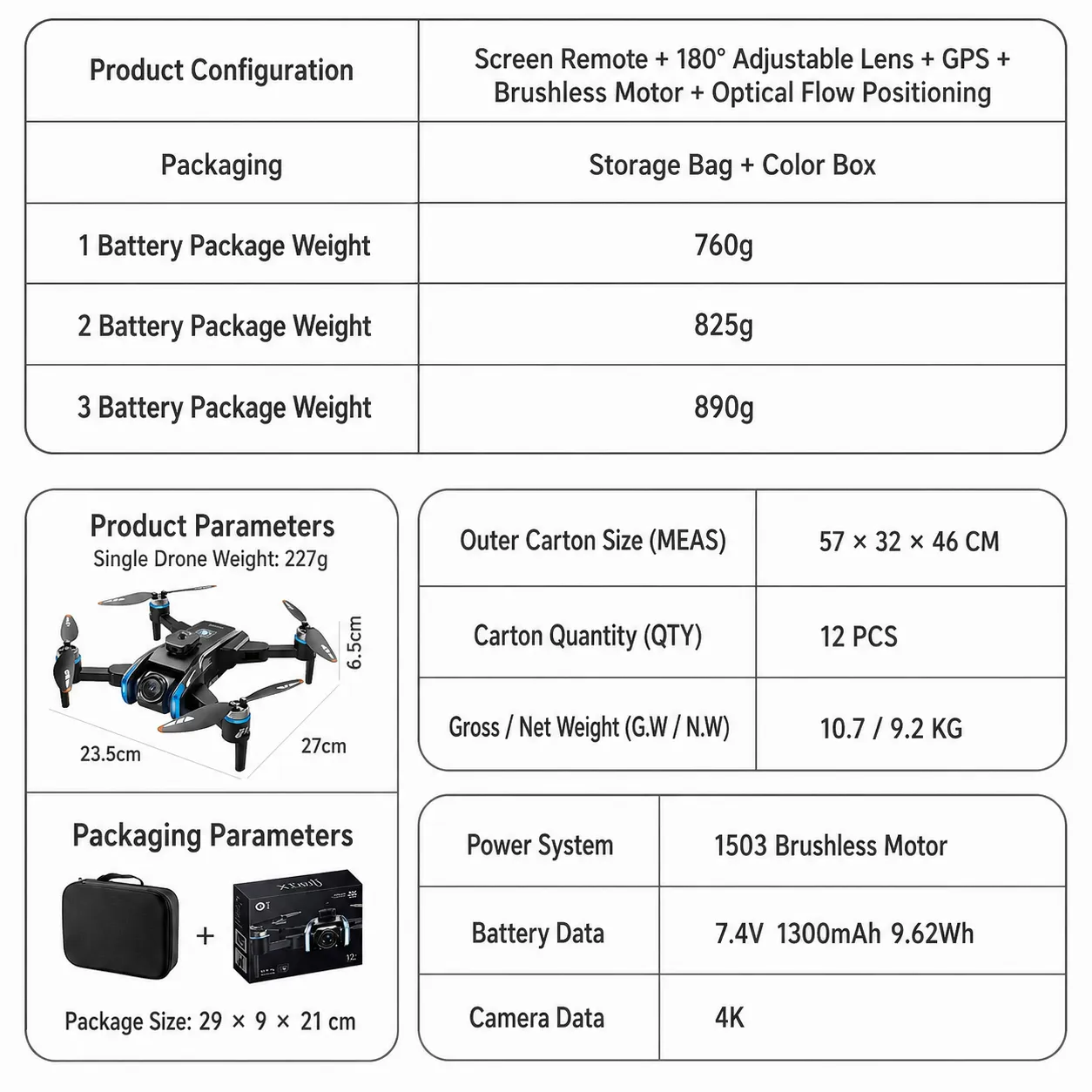 XT808 GPS drone technical data and packaging information