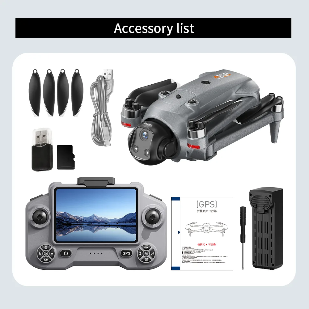AE20 Max drone accessory list with remote, battery, propellers, and charger