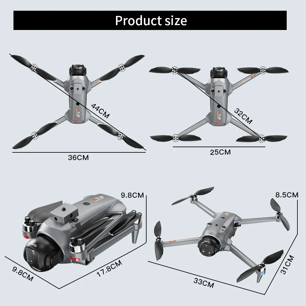 AE20 Max drone size chart with folded and unfolded dimensions