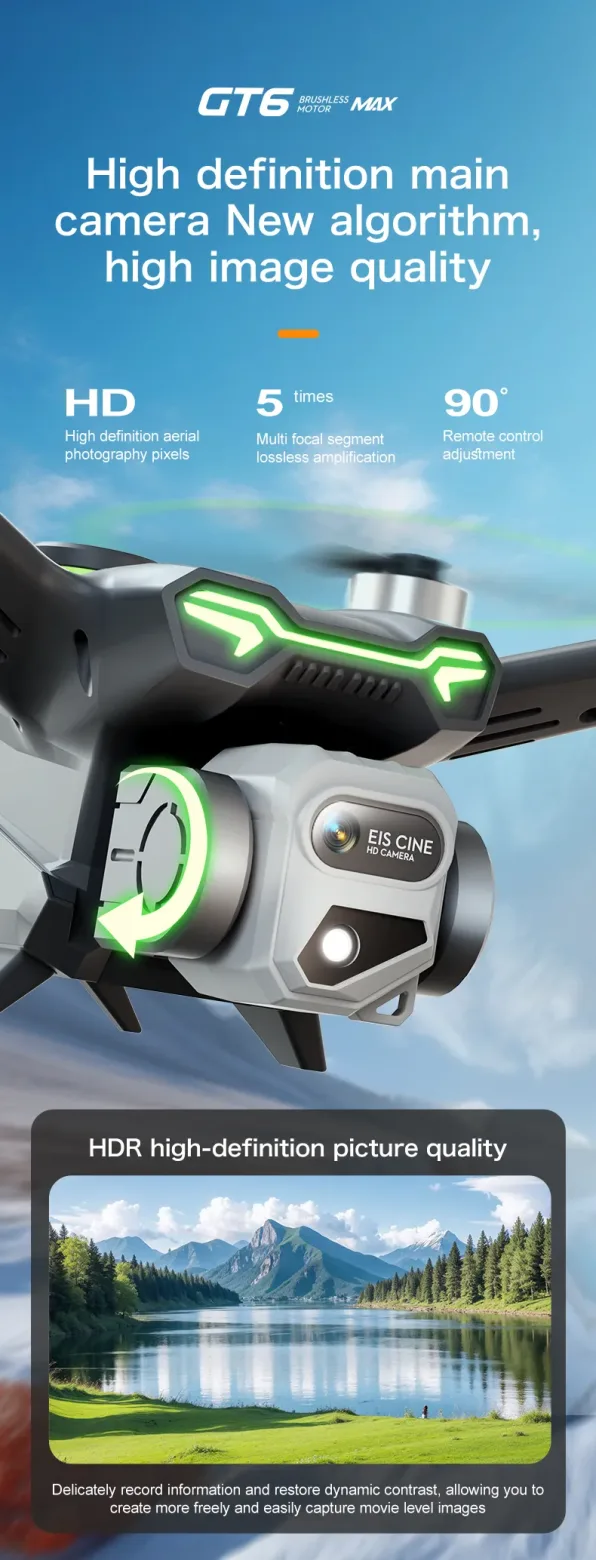 GT6 drone 4K camera with EIS stabilization for smoother aerial footage