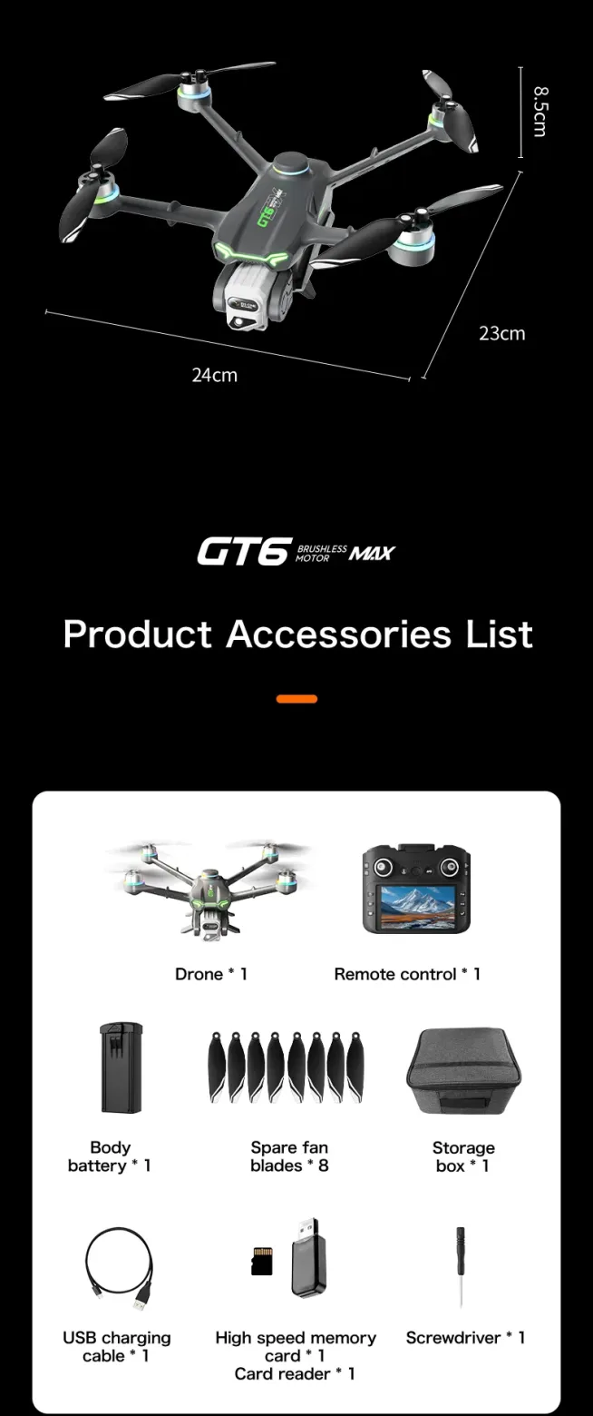 GT6 foldable drone size and travel-friendly accessories