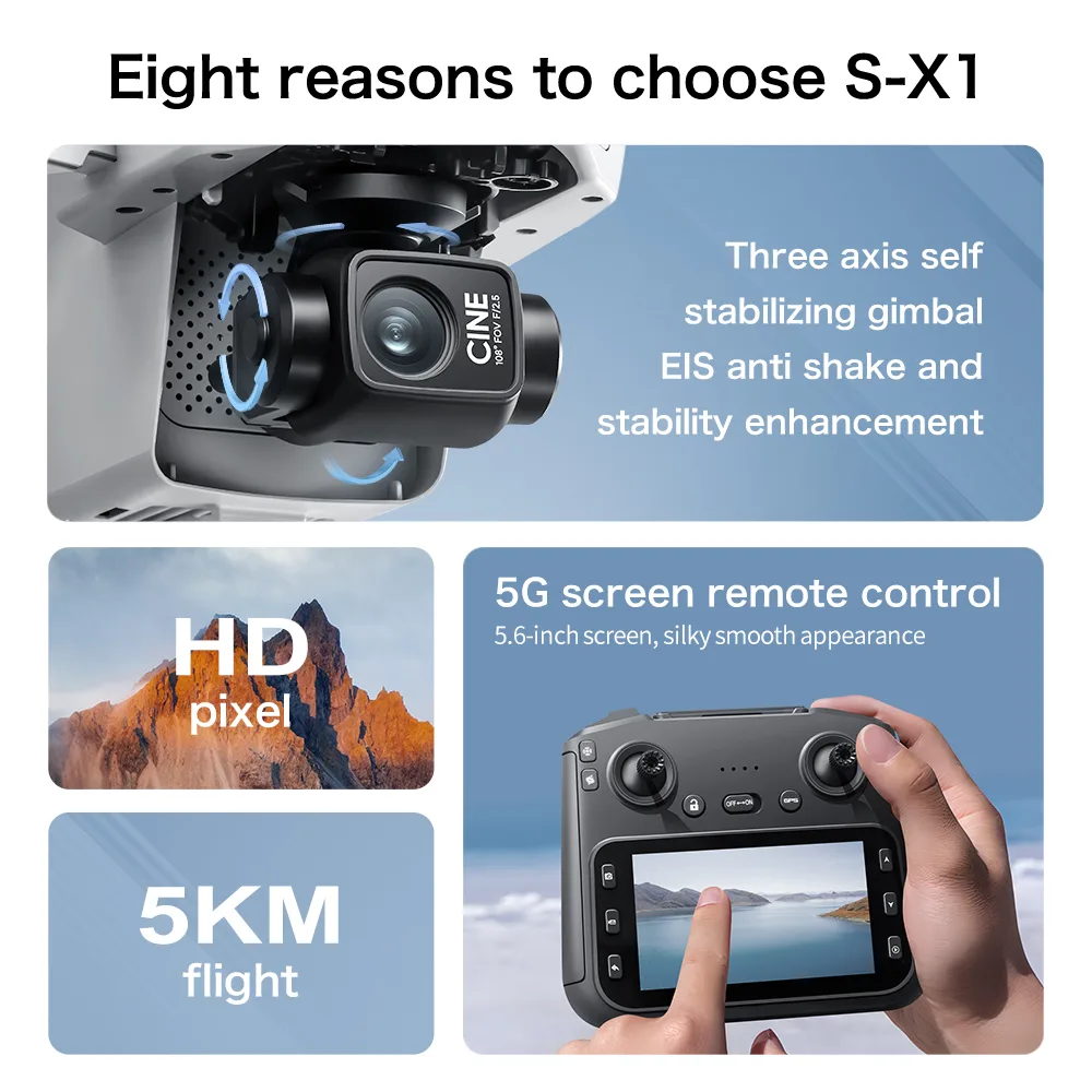 S-X1 key features including 3 axis gimbal, EIS stabilization, screen remote, 4K image and 5KM flight distance