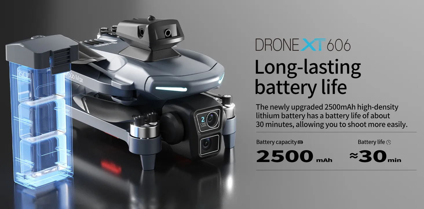 XT606 drone 2500mAh battery supporting up to 25 minutes of flight time