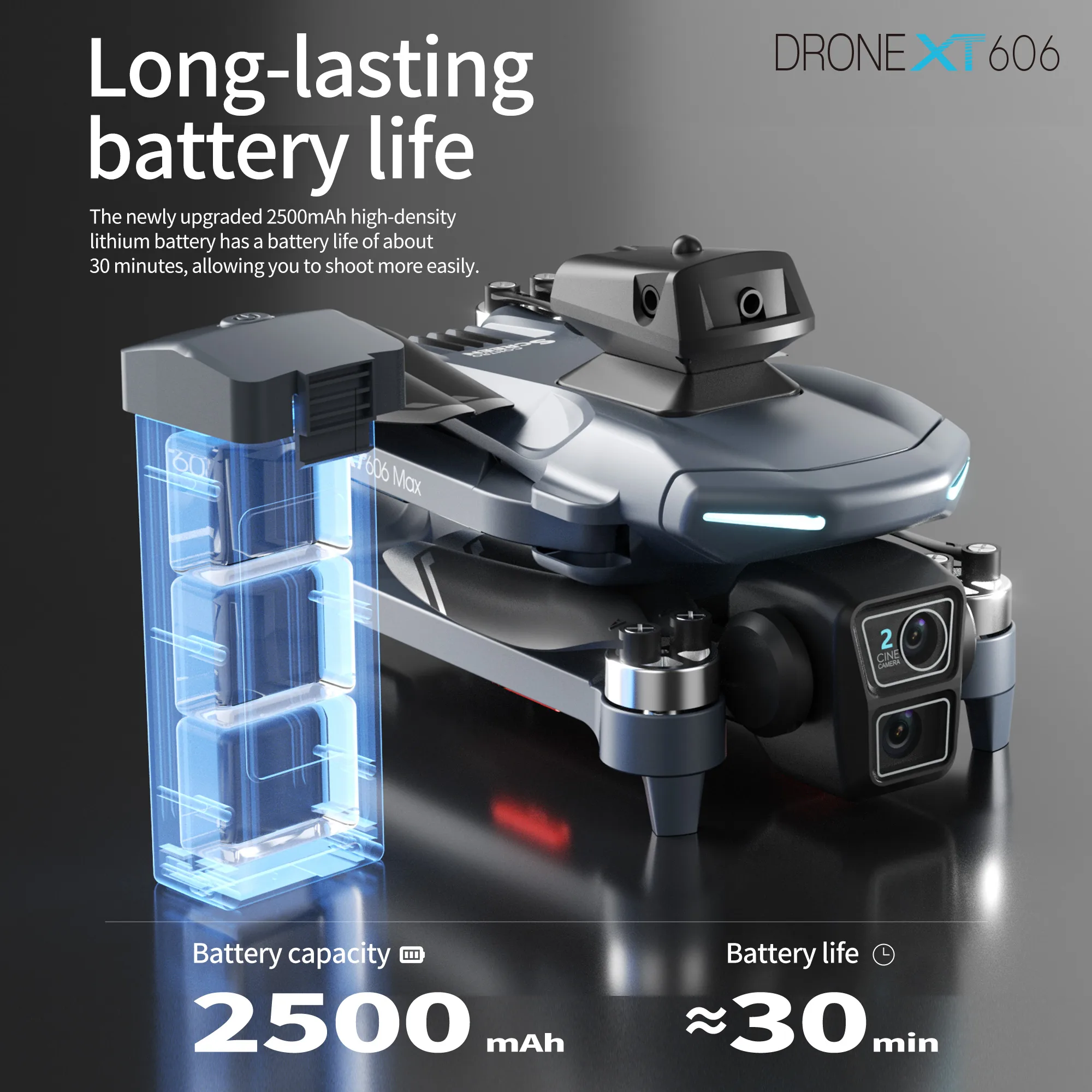 XT606 drone with 2500mAh battery and long flight time for extended aerial shooting