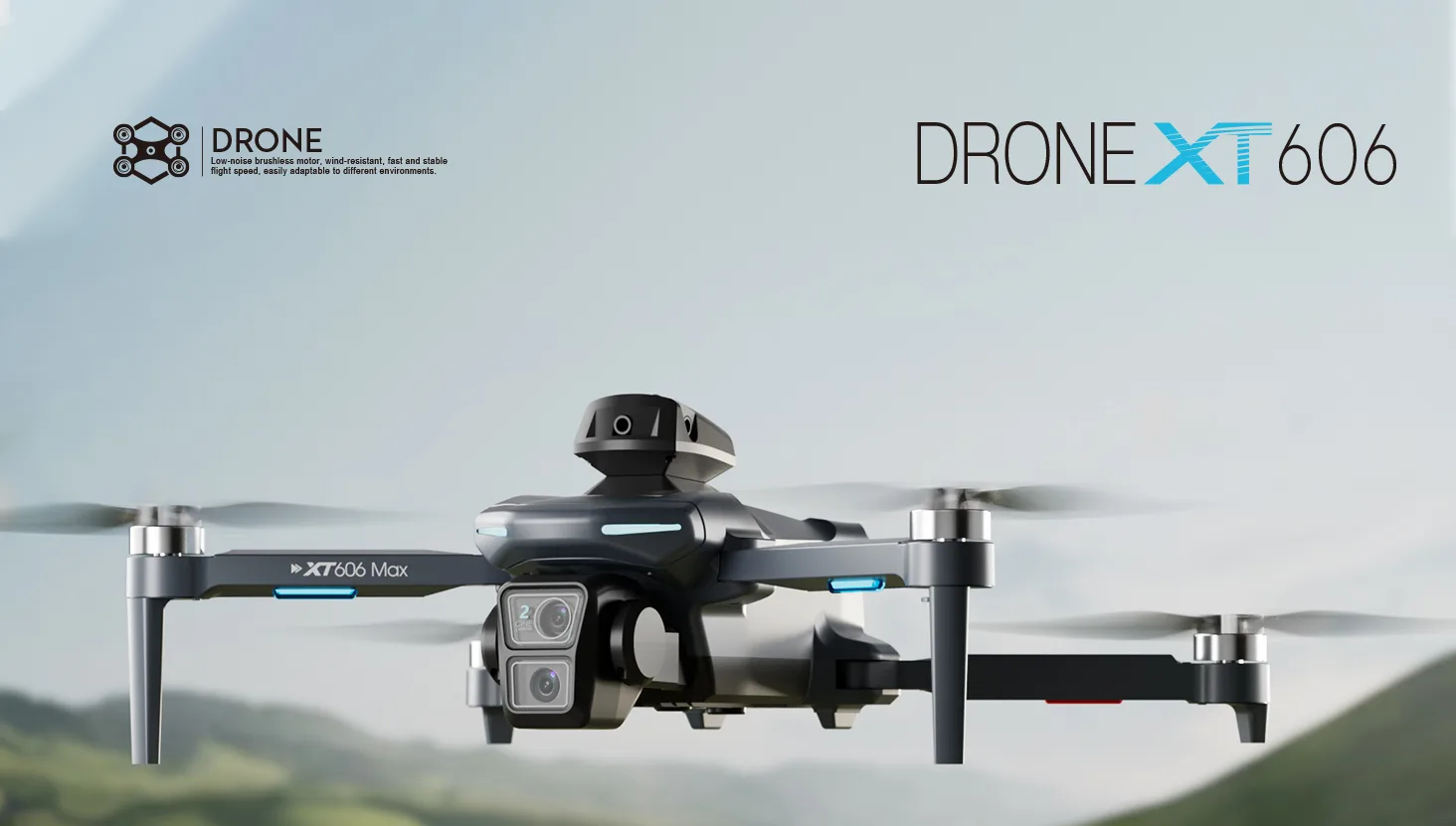 XT606 4K foldable GPS brushless drone in flight with 4.3-inch screen remote support