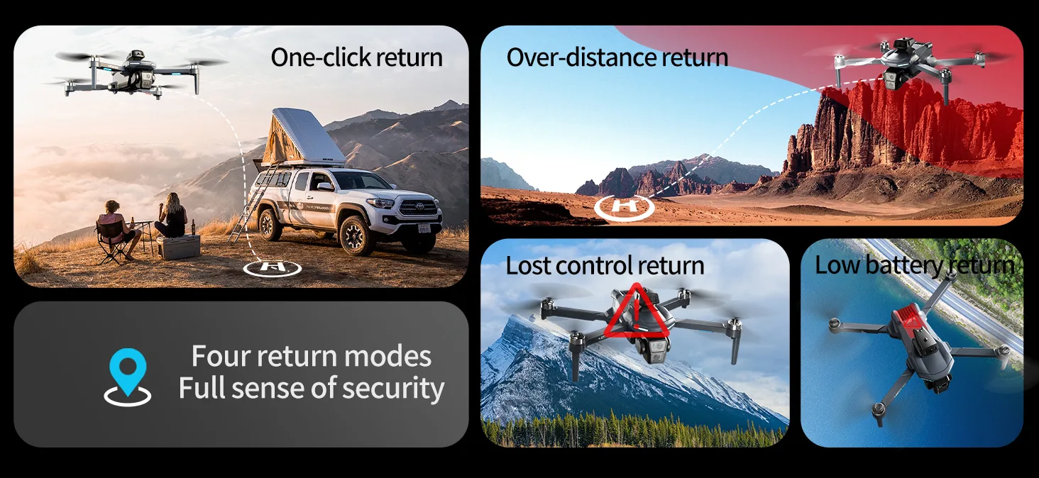 XT606 drone GPS return modes including one-key return, lost signal return, and low-battery return