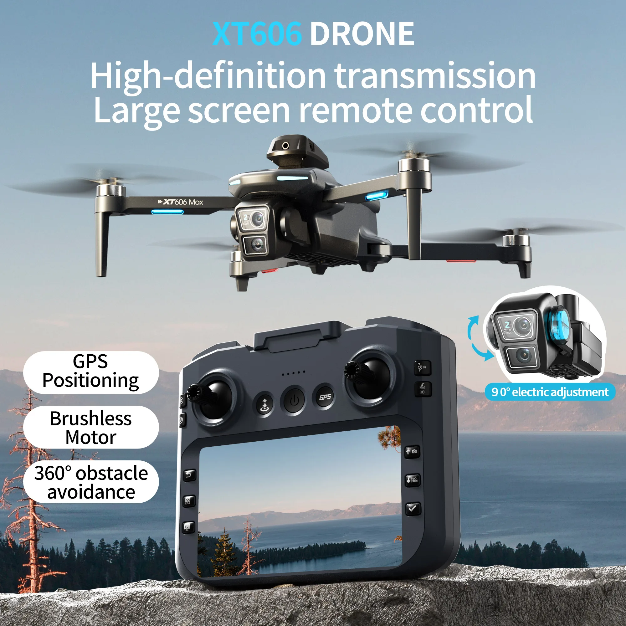 XT606 GPS drone with large screen remote, brushless motor, 360 obstacle avoidance, and electric camera adjustment