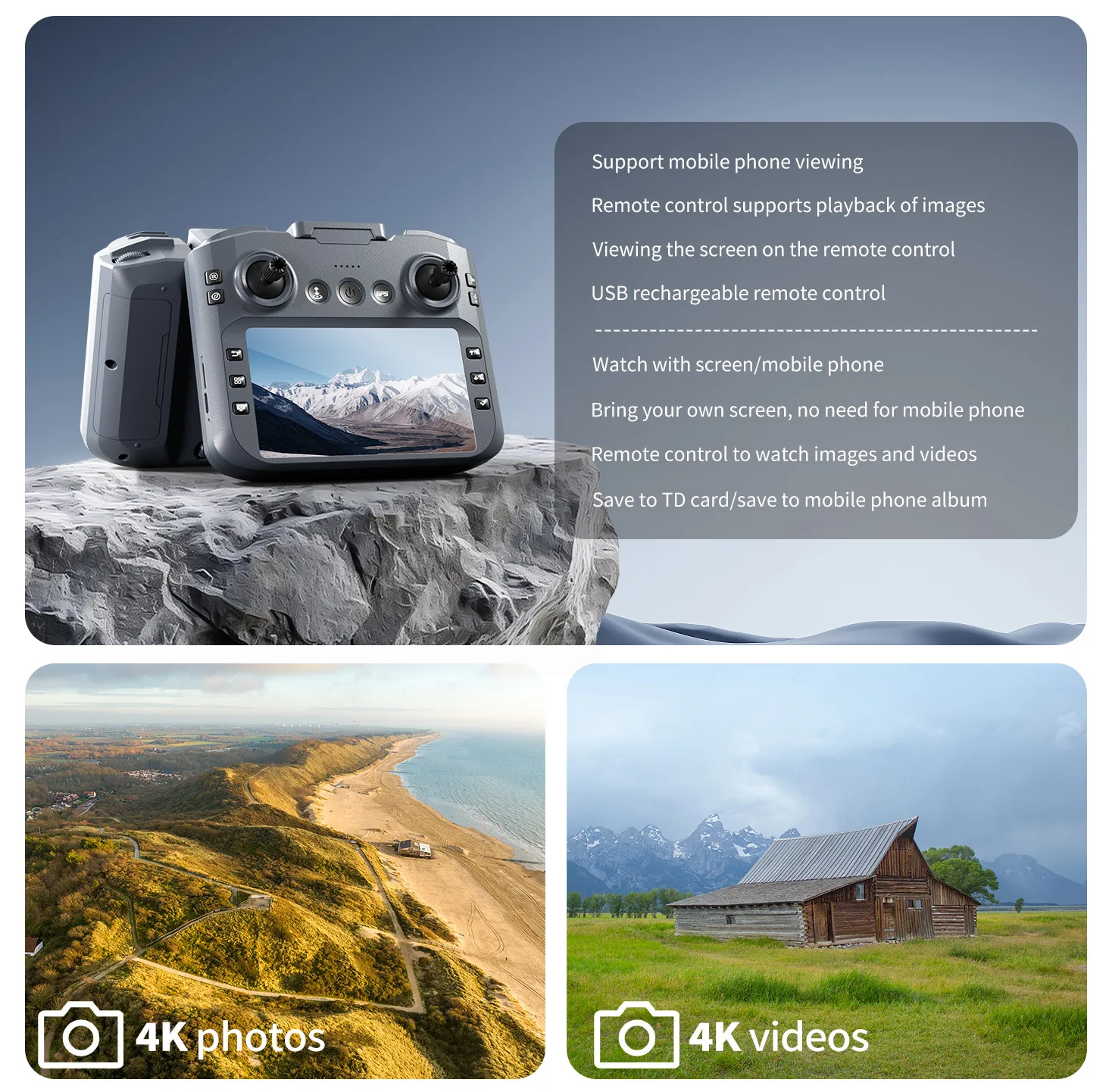 XT606 screen remote drone controller with 4K photo and video viewing support