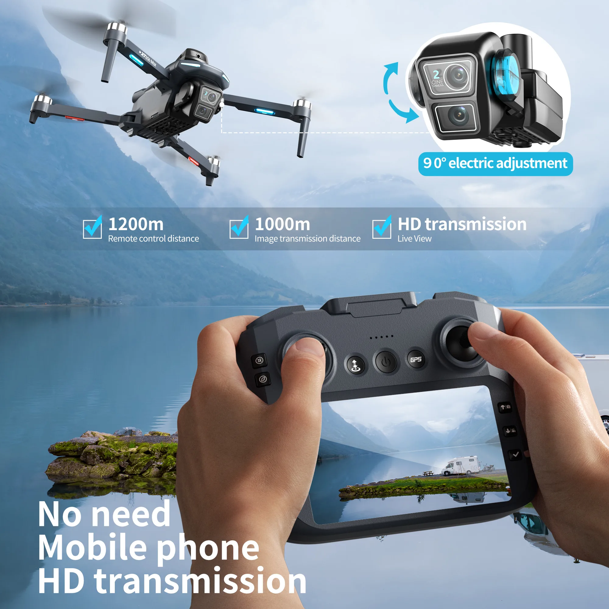 XT606 drone with screen remote, HD live transmission, and 90 degree electric camera adjustment