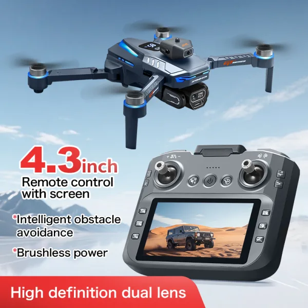 4.3-inch screen remote foldable brushless drone with dual lens and optical flow hover support