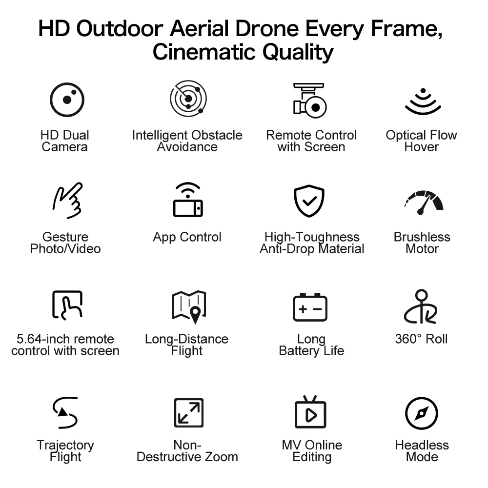 GT50 feature icons overview — 4K camera, 360 stunt flips, screen remote, optical flow hover, gesture photo, app control, brushless motor