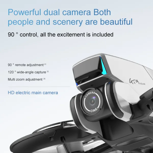 Mini camera drone close-up showing electrically adjustable lens for basic aerial viewing