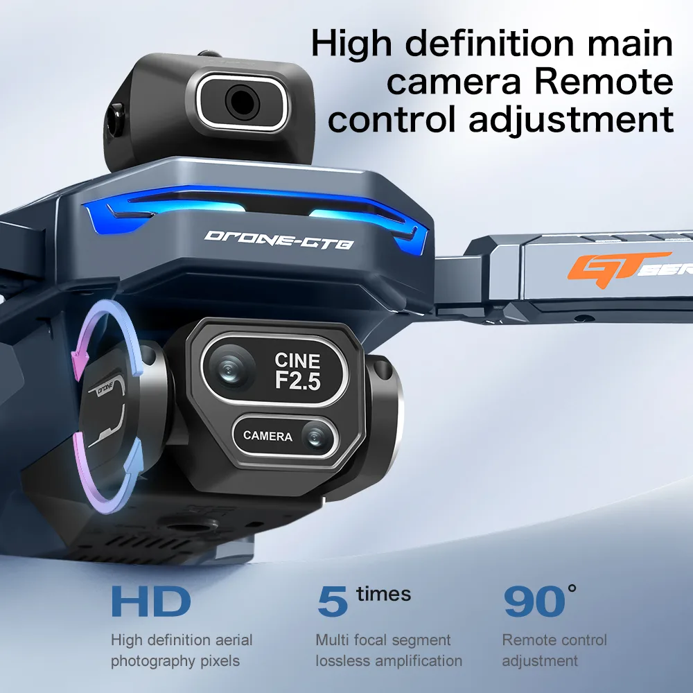 GT8 foldable drone main camera close-up showing 4K standard and 6K HD options with 90 degree adjustment