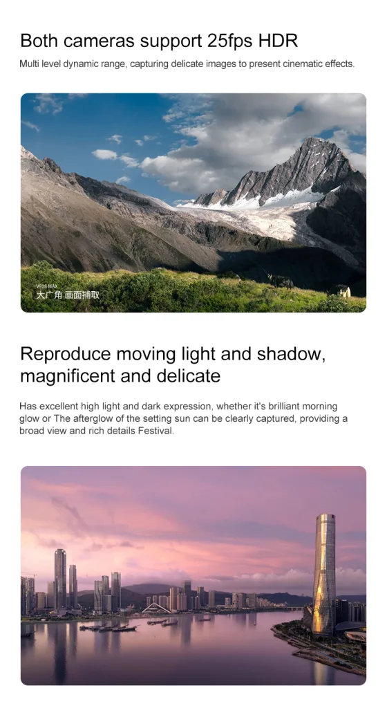 Dual camera drone image example showing HDR-style landscape and city scene capture