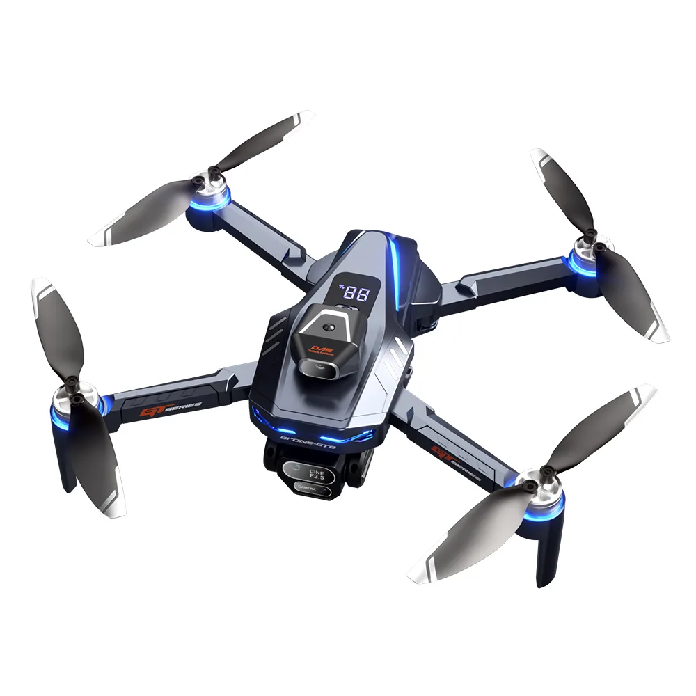 Foldable brushless drone shown with open arms, dual camera body, and lightweight portable design