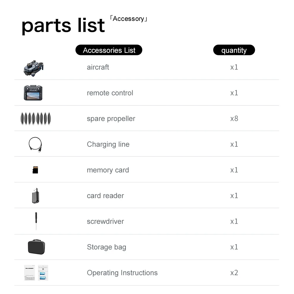 GT8 foldable drone accessories list with remote, propellers, charging cable, memory card, card reader, screwdriver, storage bag, and manual