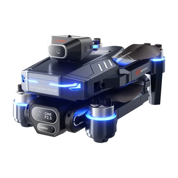 Close-up of foldable drone with dual camera, brushless motor arms, and blue LED body detail