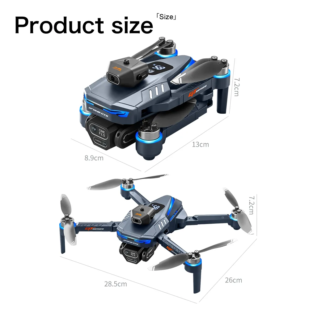 GT8 foldable drone size diagram showing folded and unfolded body dimensions for travel use