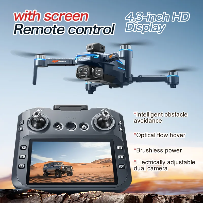 Foldable drone with 4.3-inch HD screen remote, optical flow hover, brushless power, and adjustable dual camera