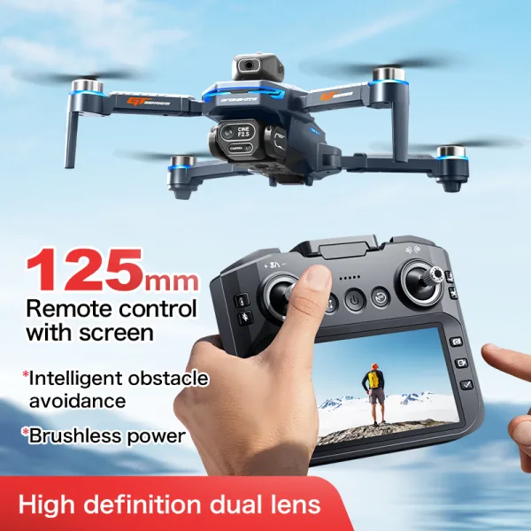 Foldable drone with screen remote, high definition dual lens, brushless power, and obstacle avoidance support