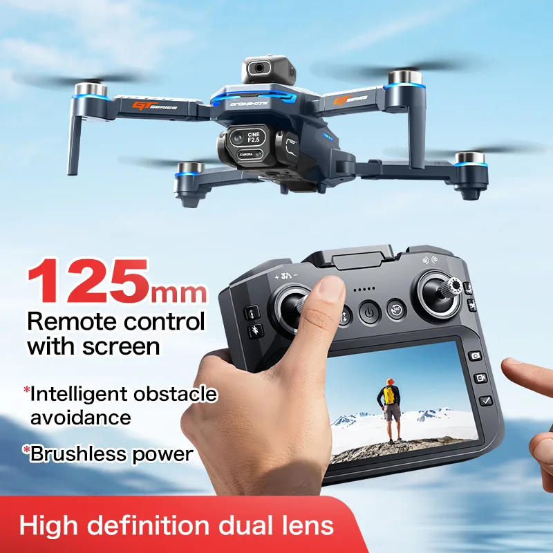 Foldable drone with screen remote, high definition dual lens, brushless power, and obstacle avoidance support