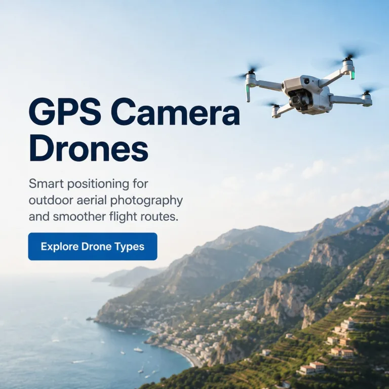 GPS camera drone flying over coastal mountains