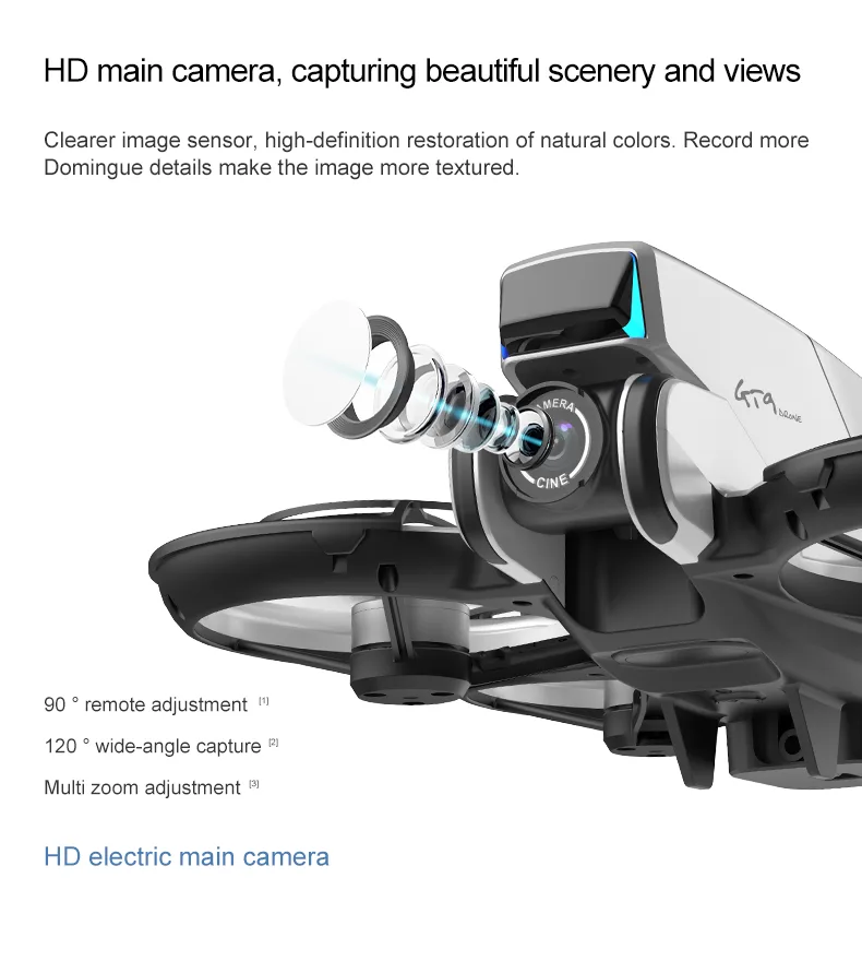Mini drone close-up showing 4K main camera with 90-degree electrically adjustable lens