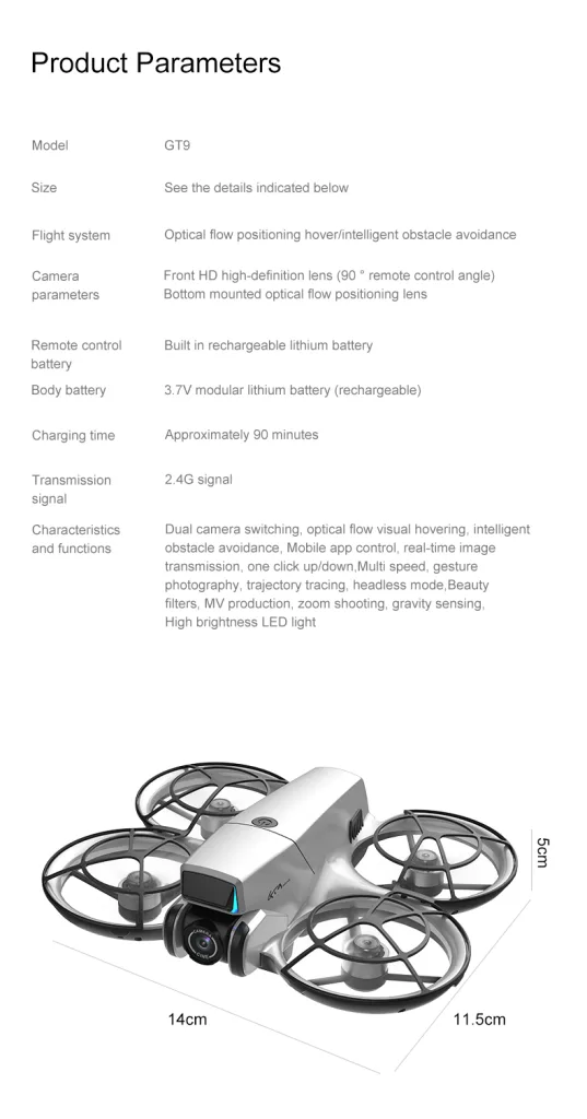 Mini optical flow drone product parameters showing body size and key flight features