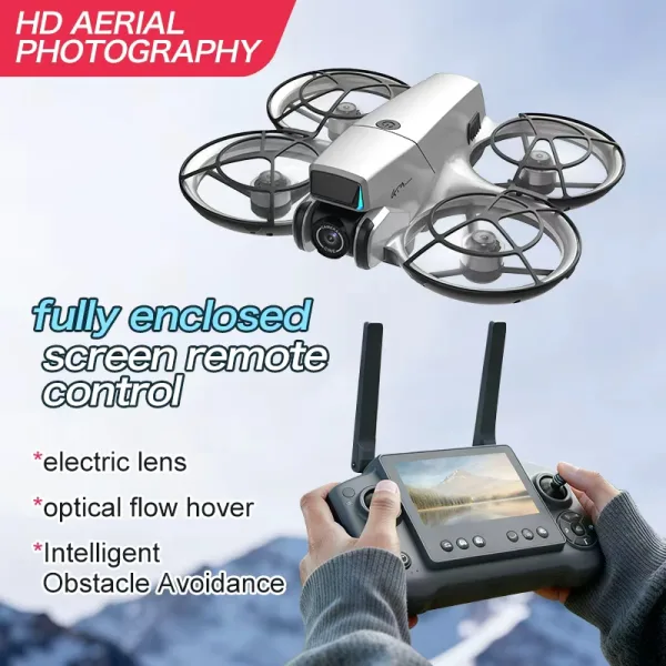 Mini screen remote optical flow brushless drone with enclosed propeller guards for beginner flying