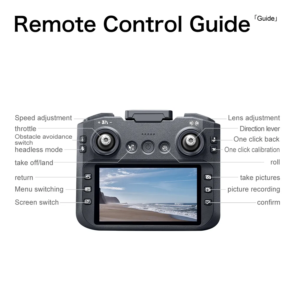 GT8 screen remote control guide showing throttle, lens, return, photo, recording, calibration, and screen switch buttons