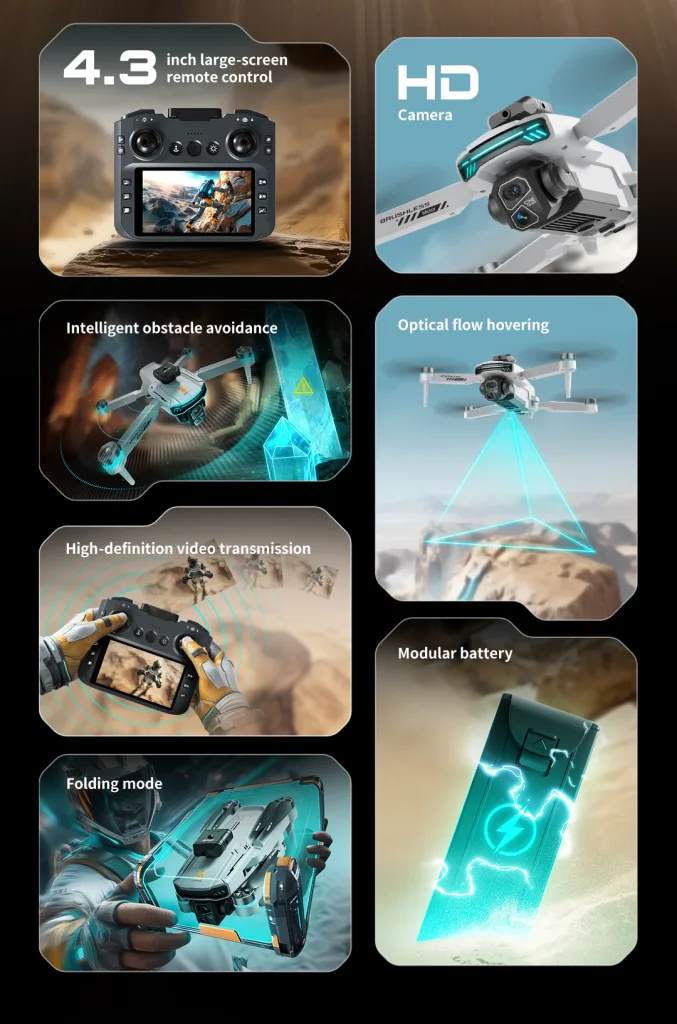 Z105 feature overview — mecha foldable drone with screen remote, dual camera, brushless motor, infrared avoidance