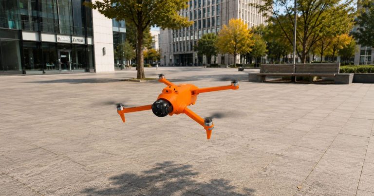 Outdoor GPS drone test flight in urban plaza