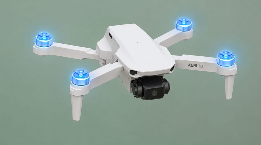 The Aeri 100 in flight — a lightweight, budget-friendly camera drone with optical flow hover.