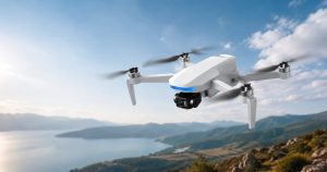 White GPS camera drone with gimbal flying over a coastline