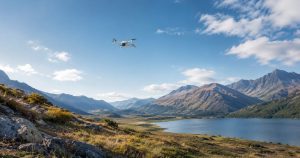 GPS drone flying over mountain valley