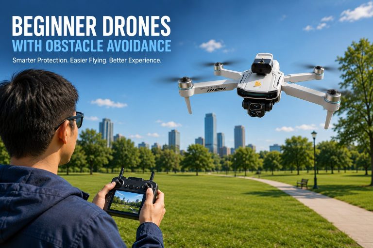 Beginner drone with obstacle avoidance flying in a park