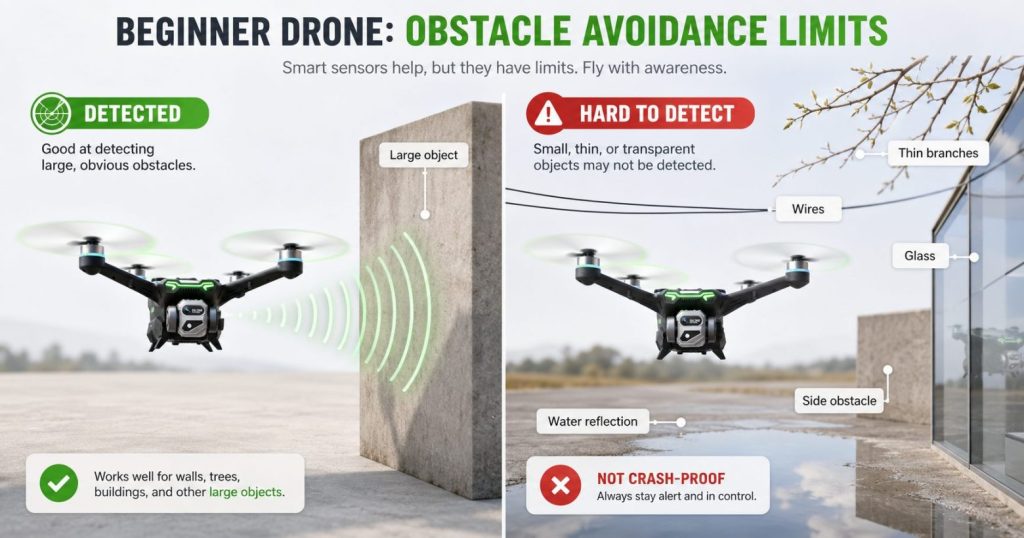 Diagram showing drone obstacle avoidance detecting large objects but missing thin branches, wires, glass, and water
