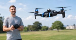 Drone with screen remote flying outdoors