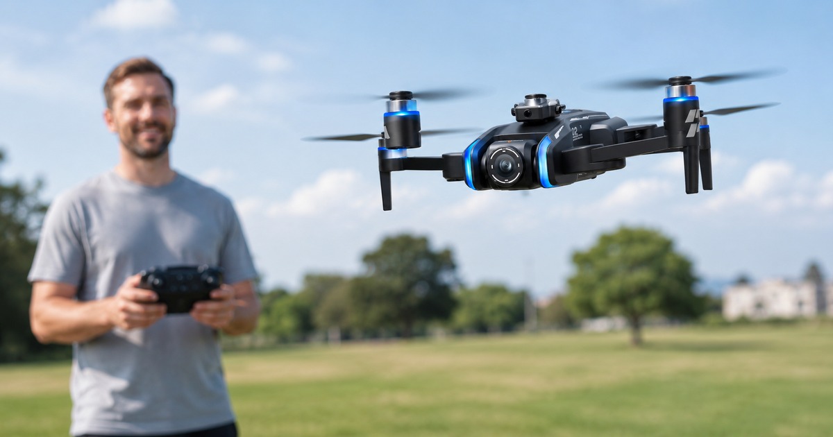 Drone with screen remote flying outdoors