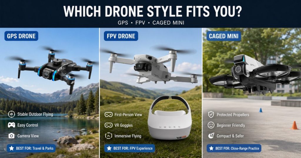 GPS, FPV, and caged mini drone comparison for beginners