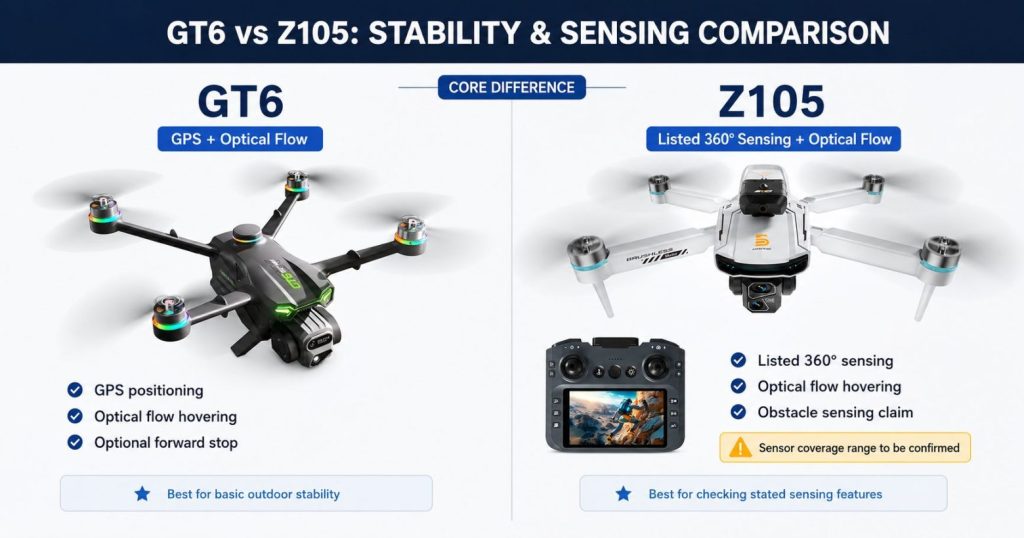 GT6 vs Z105 stability and sensing comparison for beginner drones