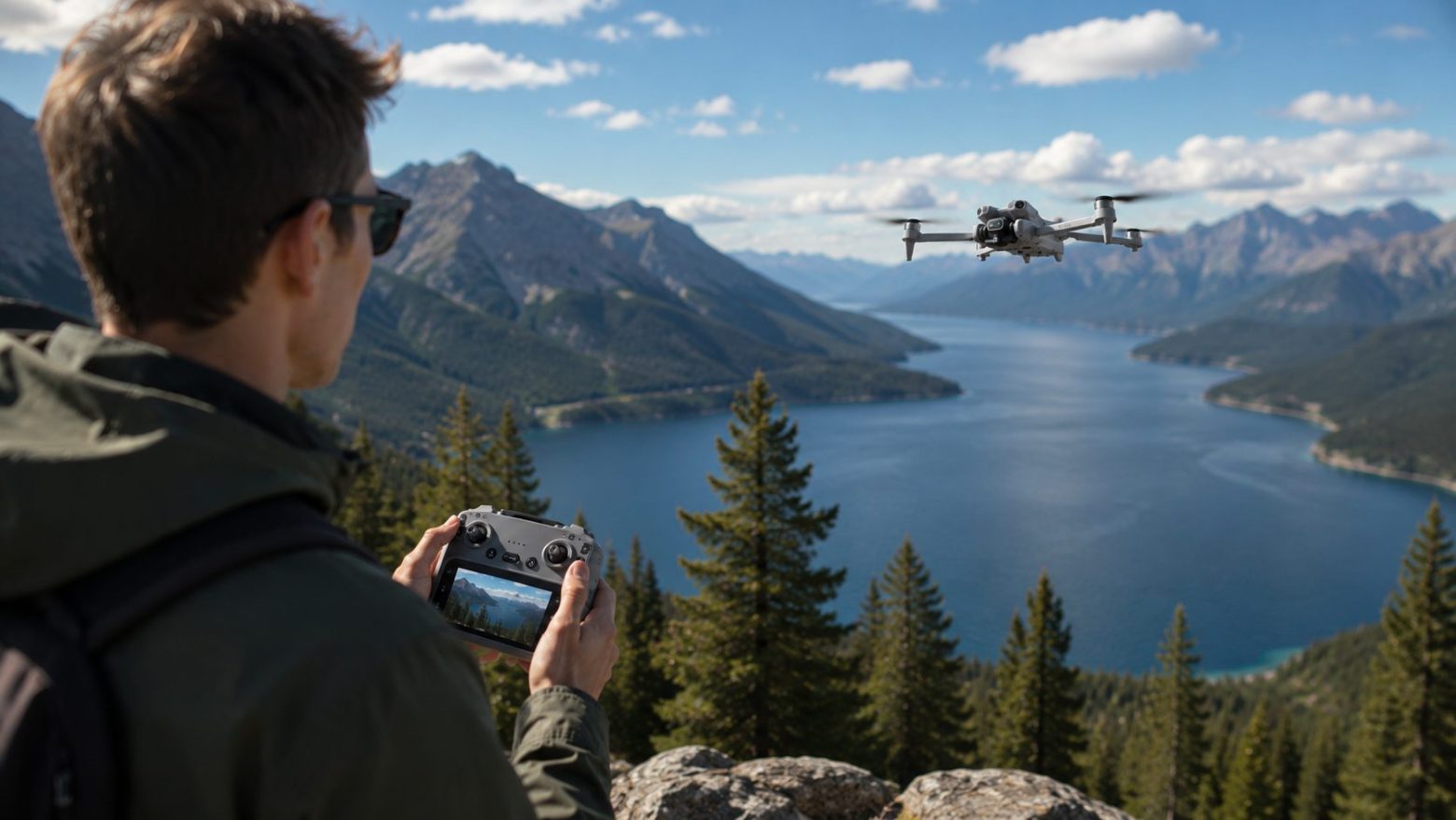 Beginner flying a drone outdoors with a screen remote