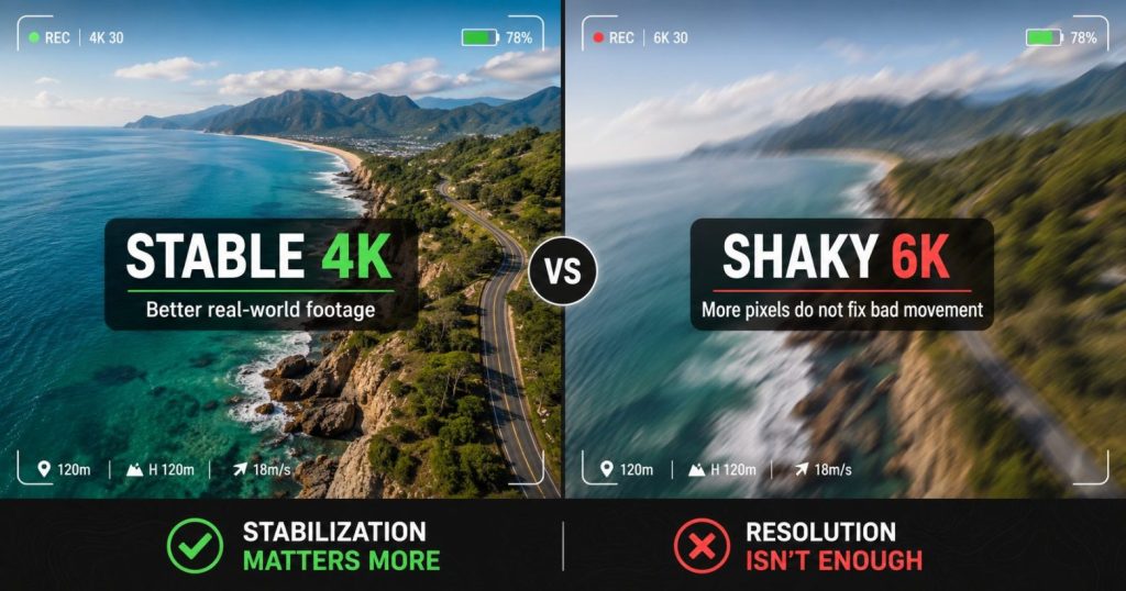 Stable 4K drone video versus shaky 6K footage