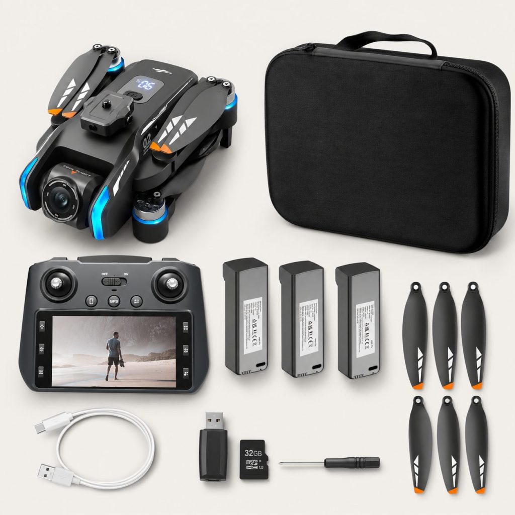 Travel drone vlogging kit with screen remote and batteries
