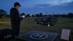 Beginner preparing a GPS drone for a night flight in an open park