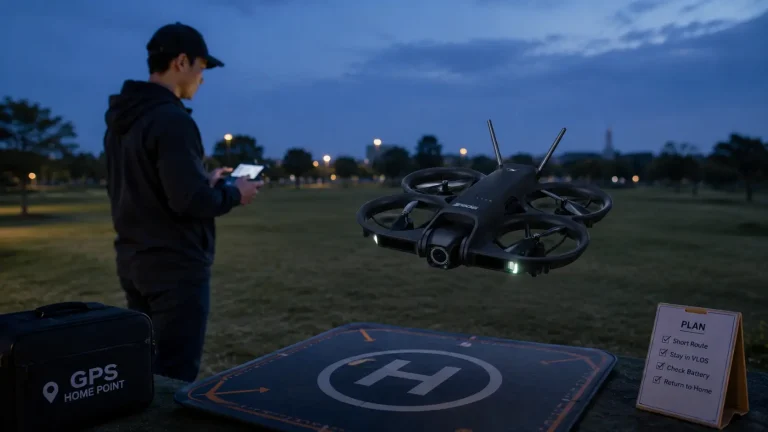 Beginner preparing a GPS drone for a night flight in an open park