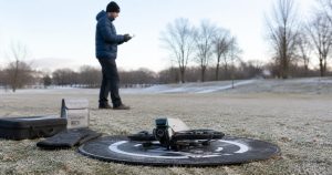 Beginner preparing a GPS drone for a cold-weather flight