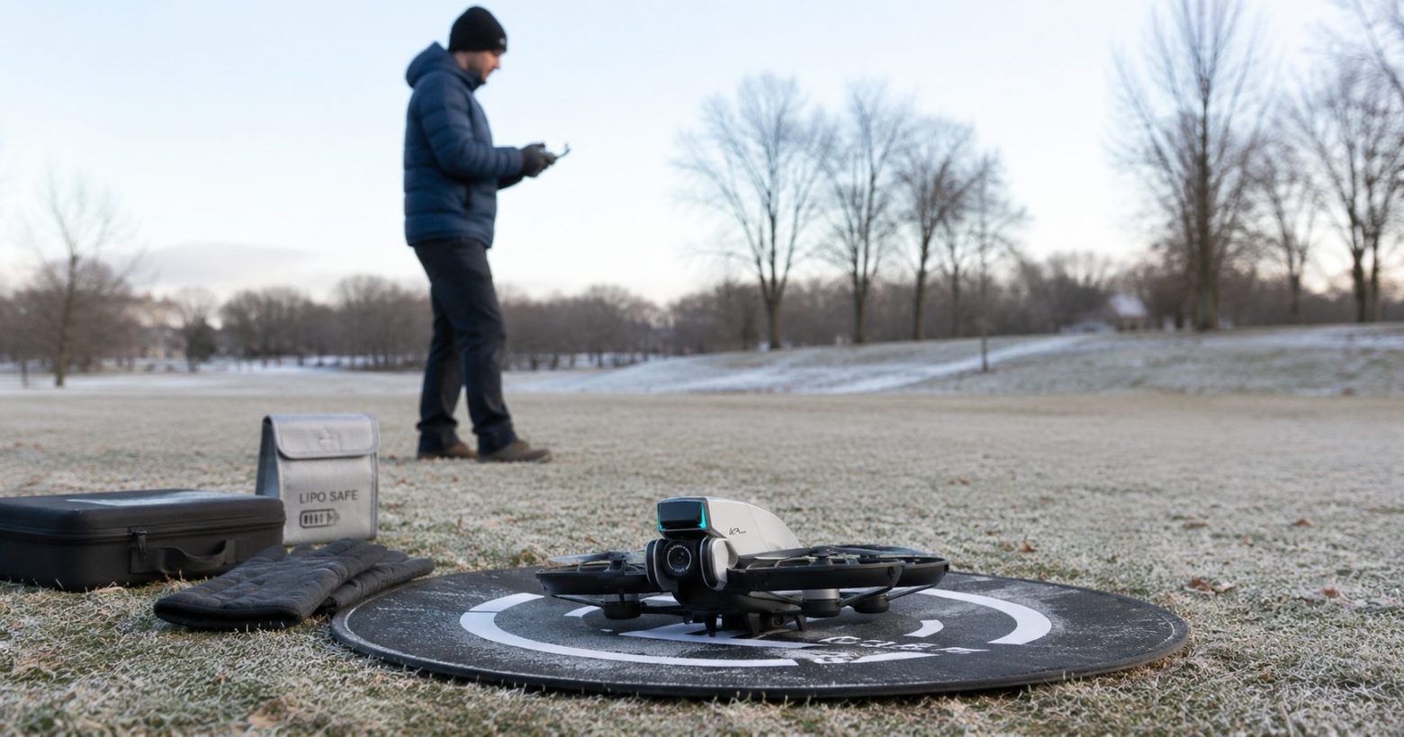 Beginner preparing a GPS drone for a cold-weather flight