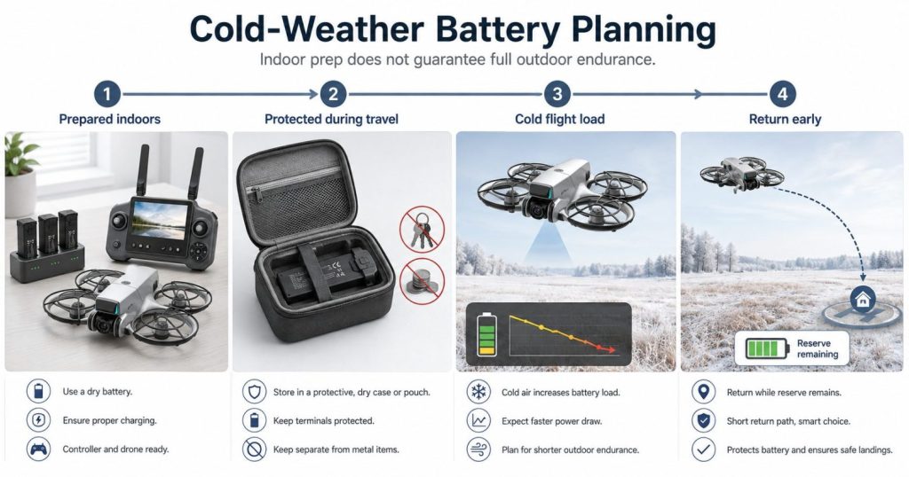 Drone battery cold-weather preparation and flight-margin sequence