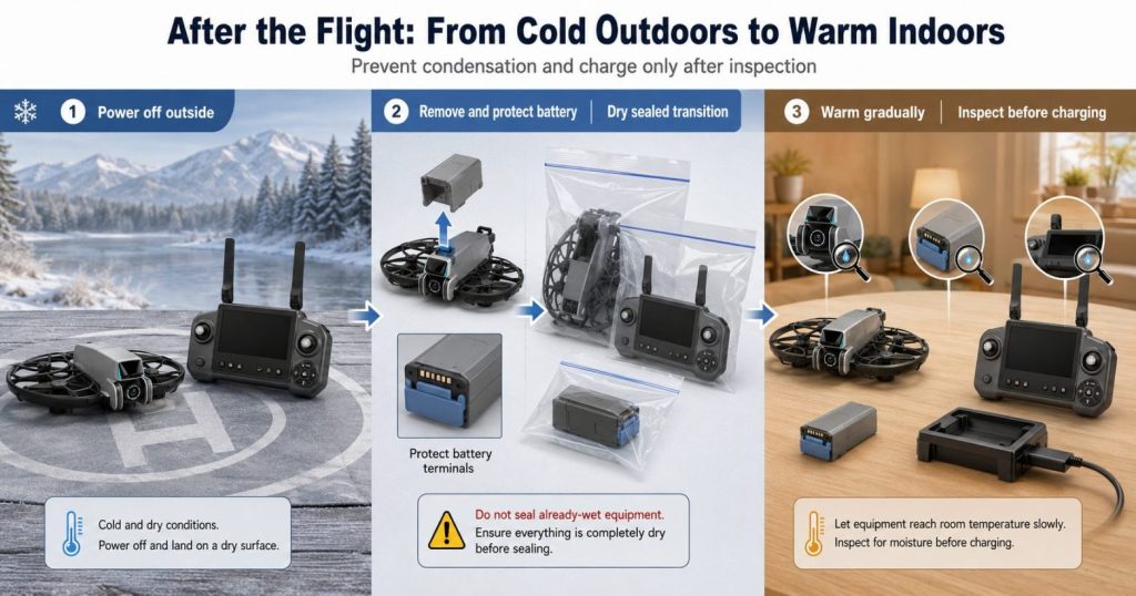 Drone condensation prevention after a cold-weather flight